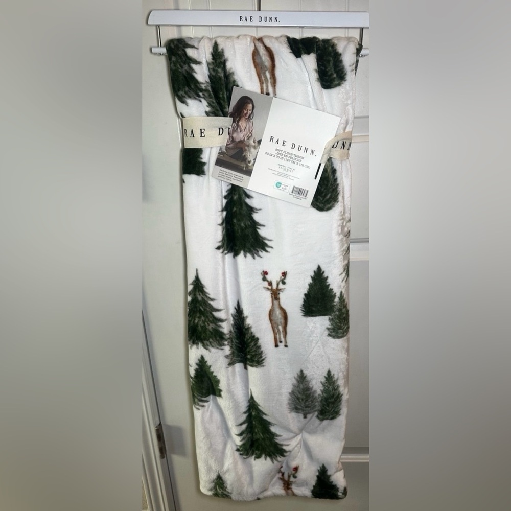 NWT 2025 Rae Dunn Christmas Seasonal Blanket/Throw Reindeer/Trees 50x70 Plush